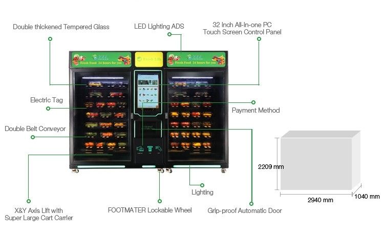 Autoservicio personalizado Gran gabinete Ensalada refrigerada Vegetales Frutas Huevos Máquina expendedora para alimentos